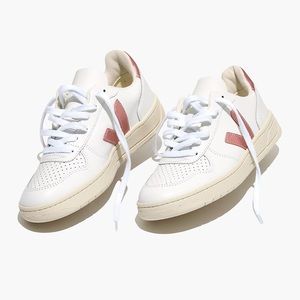 Veja Leather V-10 Lace-Up Sneakers in White with Metallic Pink Accents